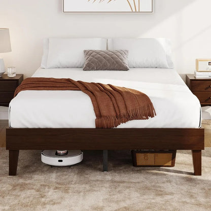 Natural Solid Wood Platform Bed with Wooden Slats Support, 12-inch Underbed Space for Storage
