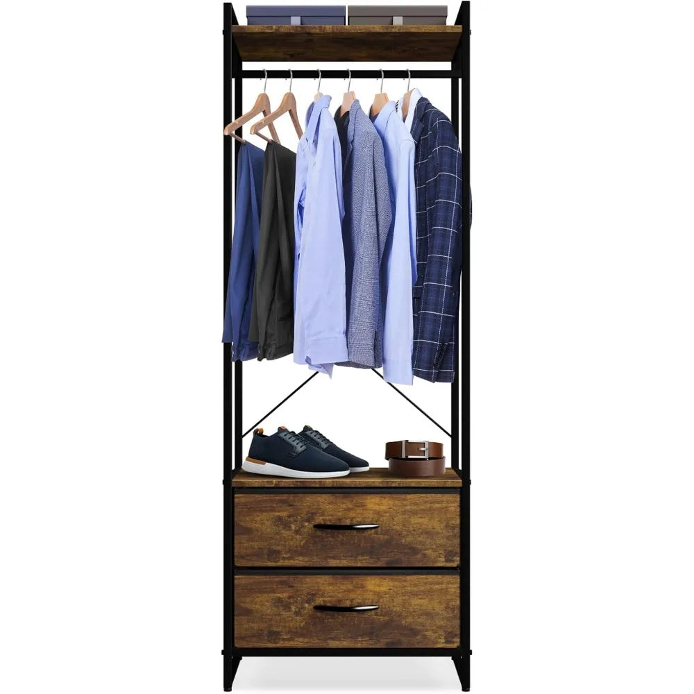 Clothing Rack with Drawers, Wood Top, Steel Frame, & Fabric Drawers
