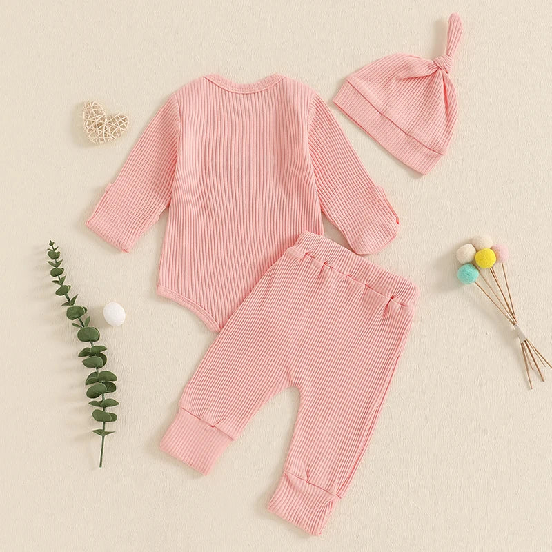 Baby Boys/Girls 3PCS Outfit, Long Sleeve Crew Neck, Letter Embroidery Romper, Solid Color Pants & Hat