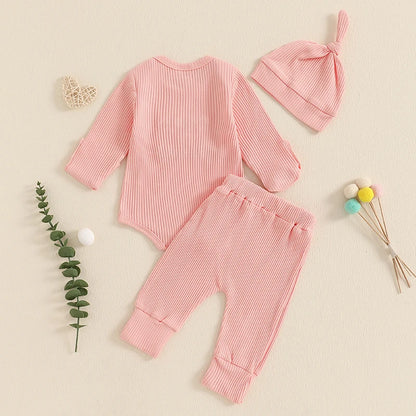 Baby Boys/Girls 3PCS Outfit, Long Sleeve Crew Neck, Letter Embroidery Romper, Solid Color Pants & Hat