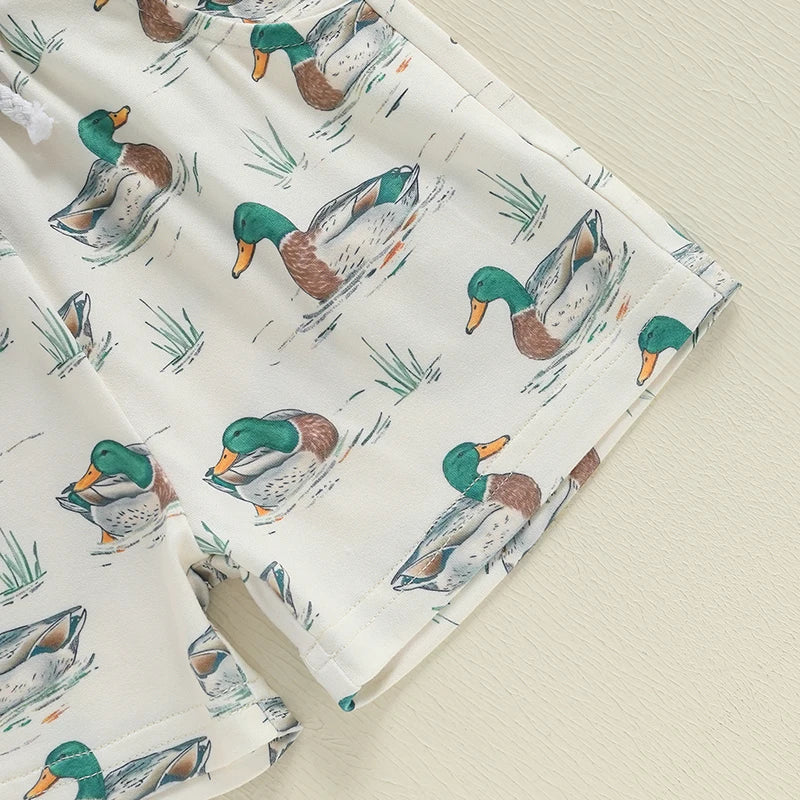 12M-4Y Boys Summer Shorts Sets, Short Sleeve, O Neck, Letter Print Tops and Duck Print Shorts Sets