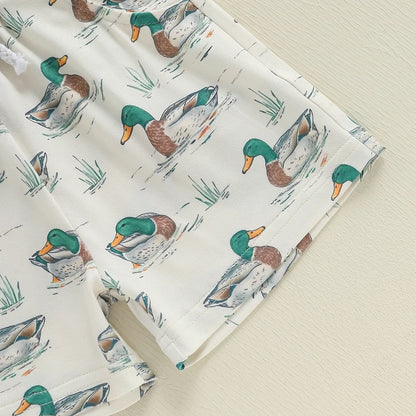 12M-4Y Boys Summer Shorts Sets, Short Sleeve, O Neck, Letter Print Tops and Duck Print Shorts Sets