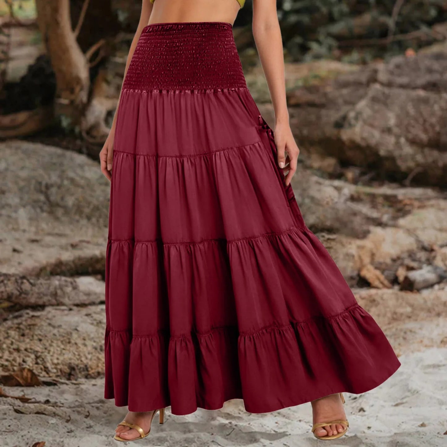 Boho Tiered A-Line Skirt, Pockets, Patchwork, Elastic Waist, Vintage Hippie/Gypsy Maxi Skirt