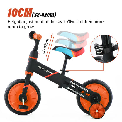 Tiny Scout Balance Bike 3 4 5 Years , 4-in-1 with Optional Support Wheels and Pedals, Saddle Height Adjustable