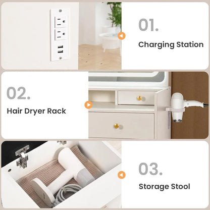 3-Piece Vanity/Desk with Upgraded Silent Slides, Movable Storage Cabinet, Golden Handles, 8 Drawers