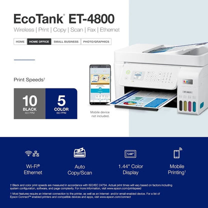 EcoTank ET-4800 Wireless All-in-One Cartridge-Free Supertank Printer with Scanner, Copier, Fax,