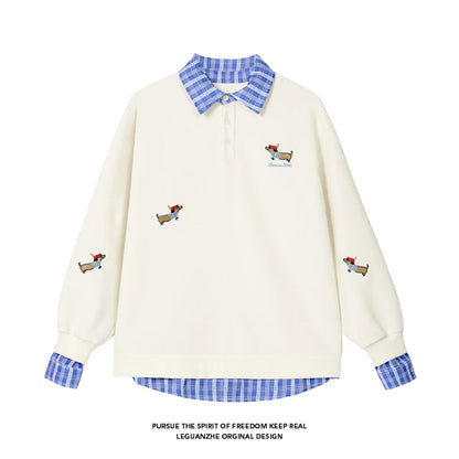 Unisex Plaid Patchwork Fake Two Sweatshirt, College Style Puppy Embroidery, POLO Collar