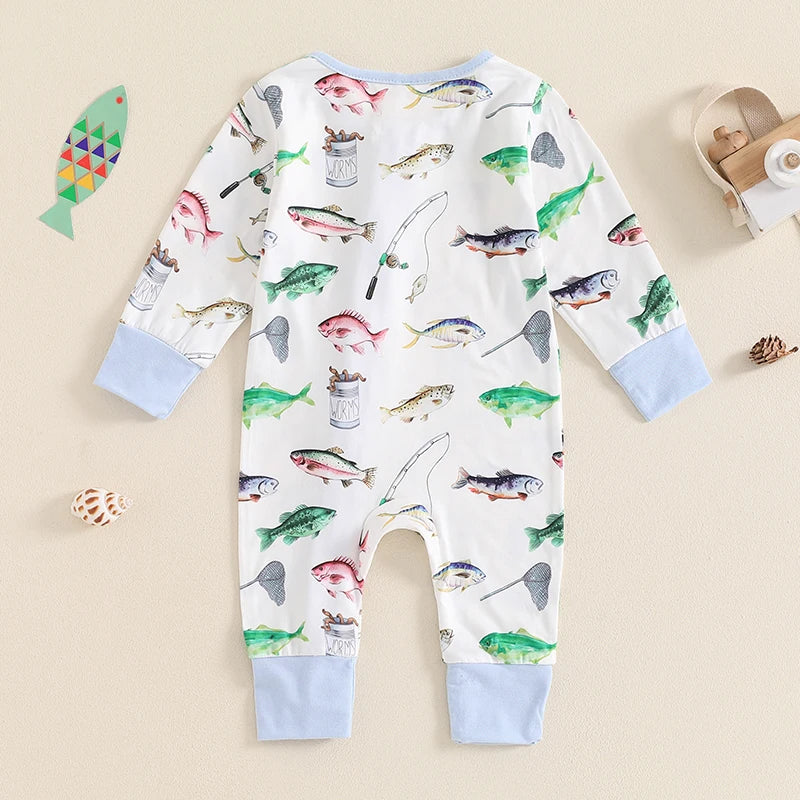 0-12MO Baby Boys Autumn Casual Romper, Long Sleeve Crew Neck, Fish Print, Oblique Zipper Jumpsuit