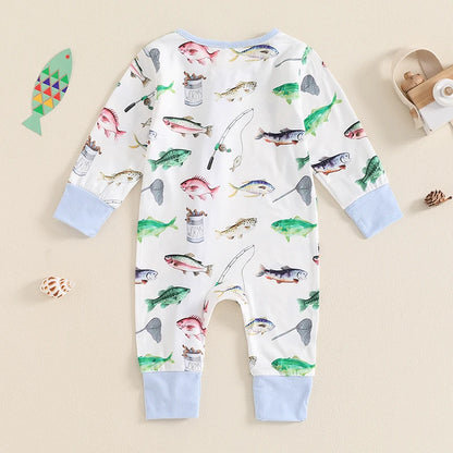 0-12MO Baby Boys Autumn Casual Romper, Long Sleeve Crew Neck, Fish Print, Oblique Zipper Jumpsuit