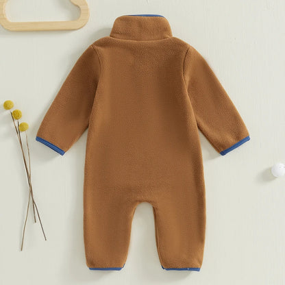 3-12M Autumn Winter Baby Boys Fleece Romper, Long Sleeve, Stand Collar, Pockets