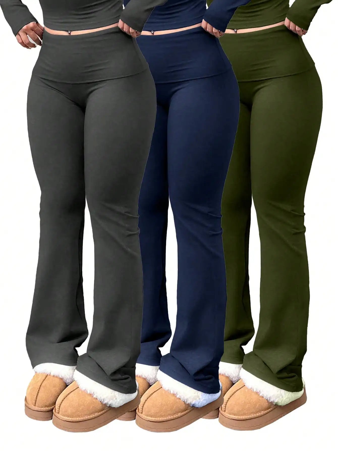 Women's High-waisted Flared Pants 3 Pairs, Casual Yoga Pants, Elastic Waist, Fitness Flared