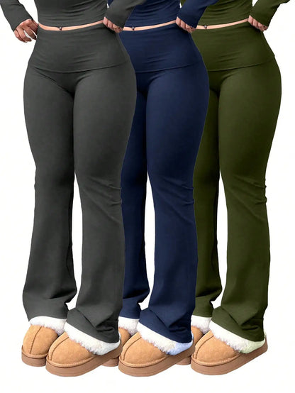 Women's High-waisted Flared Pants 3 Pairs, Casual Yoga Pants, Elastic Waist, Fitness Flared