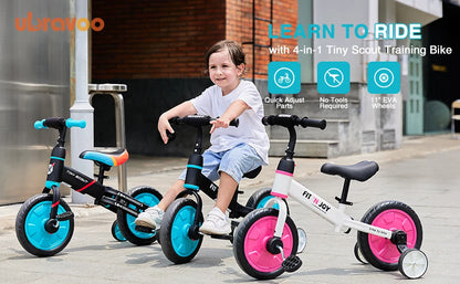 Tiny Scout Balance Bike 3 4 5 Years , 4-in-1 with Optional Support Wheels and Pedals, Saddle Height Adjustable