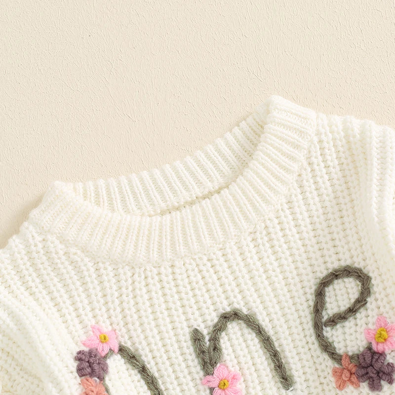 6-18 MO Birthday Sweater, Floral Letter Embroidery, Warm Knitted Pullover