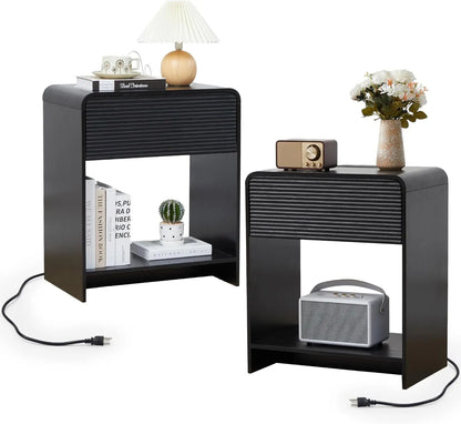 Set of 2, Nightstands  with Charging Station, Drawer Storage