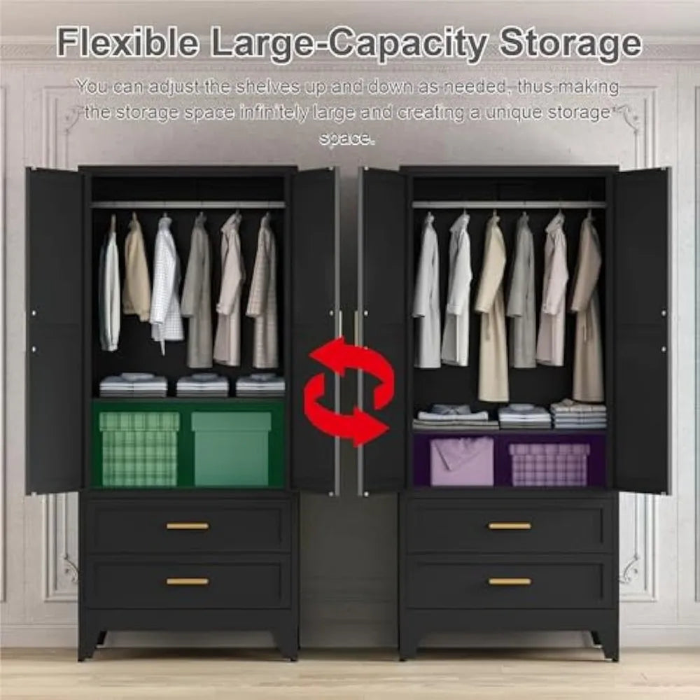 71'' Metal Wardrobe Cabinet with Hanging Rod, 2 Barn Door with Adjustable Shelves, 2 Drawer