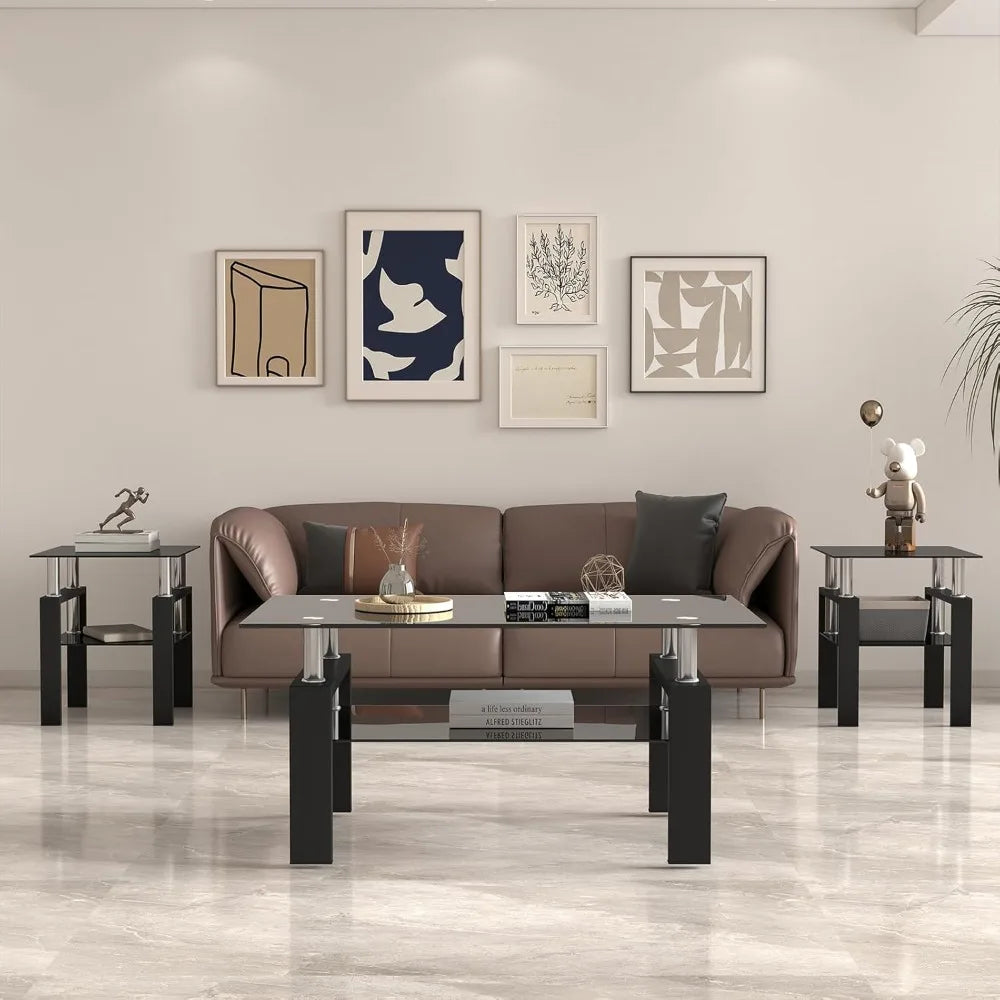 3 Piece Black Glass Table Set, Including 1 Coffee Table and 2 End Side Tables