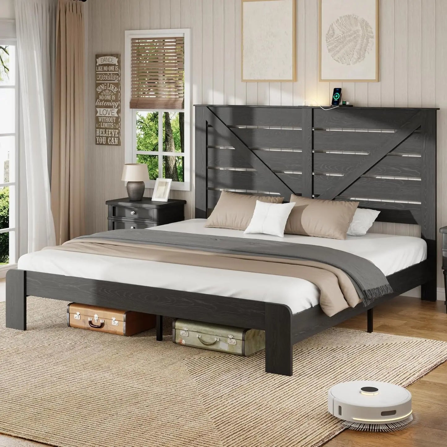 King Size Wooden Bed Frame with Headboard, Charging Station & LED Lights