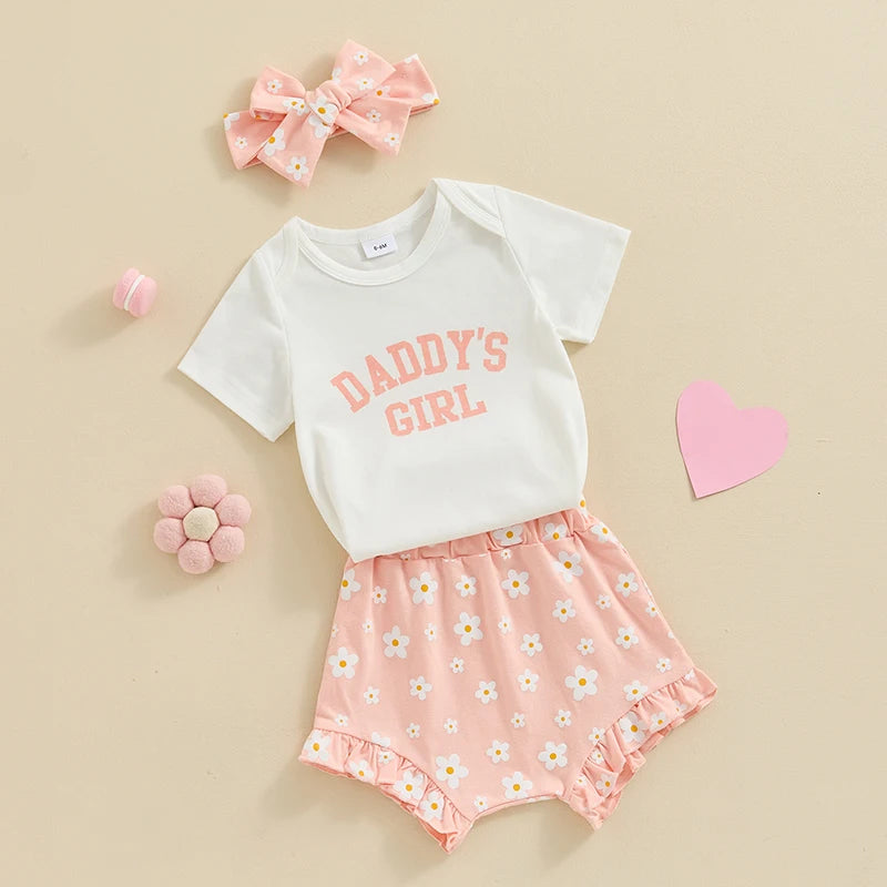 3Pcs  0-18 mo Baby Girl Outfit,  Daddy’s Girl, Short Sleeve Romper, Flower Ruffle Shorts, Headband