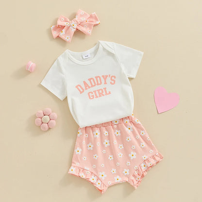3Pcs  0-18 mo Baby Girl Outfit,  Daddy’s Girl, Short Sleeve Romper, Flower Ruffle Shorts, Headband