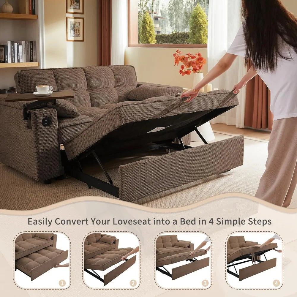 65'' 3-in-1 Queen Size Pullout Sofa, Modern Chenille Fabric, 360° Swivel Side Table