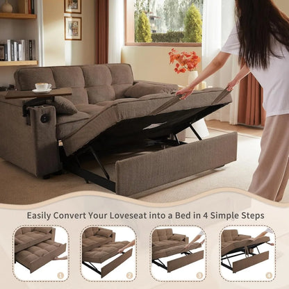 65'' 3-in-1 Queen Size Pullout Sofa, Modern Chenille Fabric, 360° Swivel Side Table