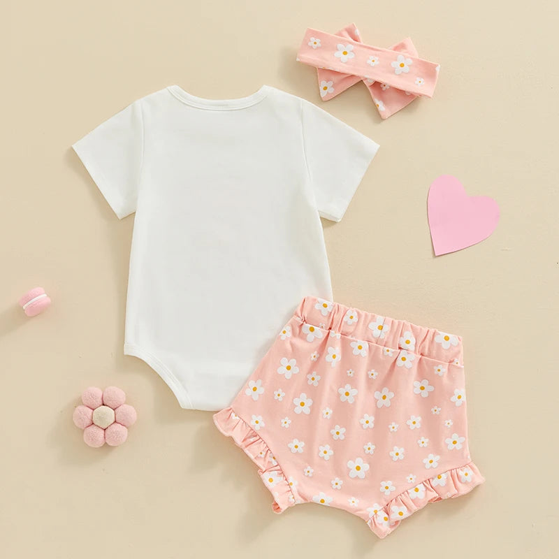 3Pcs  0-18 mo Baby Girl Outfit,  Daddy’s Girl, Short Sleeve Romper, Flower Ruffle Shorts, Headband