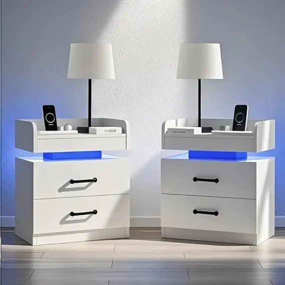 Black Nightstand with Charging Station, LED Lights