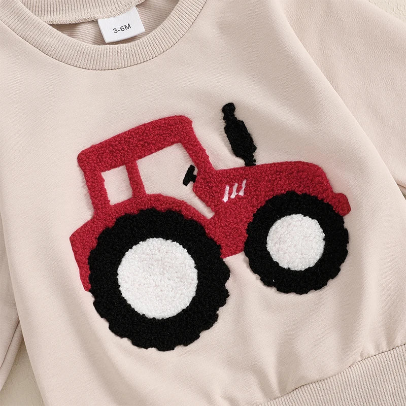 3-36 MO Boy Outfit, Tractor Embroidery Long Sleeve Sweatshirt with Solid Long Pants