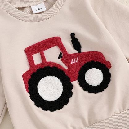 3-36 MO Boy Outfit, Tractor Embroidery Long Sleeve Sweatshirt with Solid Long Pants