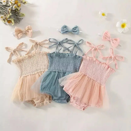 0-18M 2Pcs Summer Newborn Infant Girls, Ruffles Lace-Up Pleated Mesh Loose Romper+Hairband