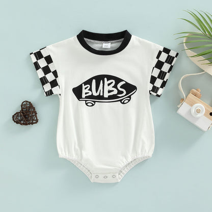 6-18M Infant Boy Romper, Plaid Short Sleeve Round Neck Cartoon Pattern Letter Print