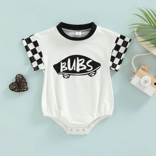 6-18M Infant Boy Romper, Plaid Short Sleeve Round Neck Cartoon Pattern Letter Print