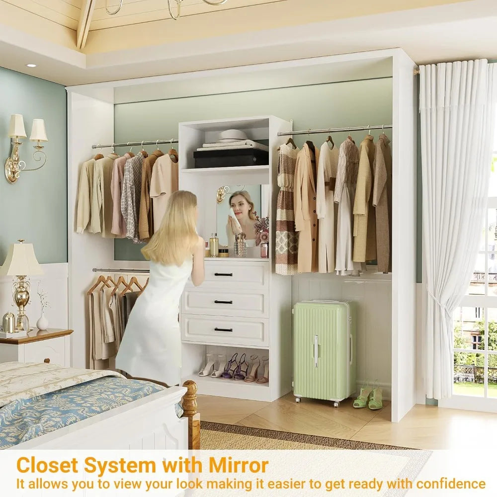 48" W - 96” W Closet System with Mirror, 8FT Walk in Closet Organizer Kits with Drawers and 3 Extendable Hanging Rod