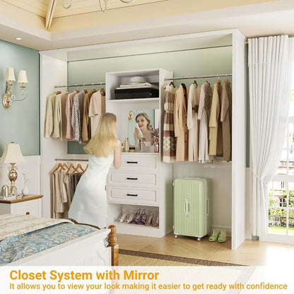48" W - 96” W Closet System with Mirror, 8FT Walk in Closet Organizer Kits with Drawers and 3 Extendable Hanging Rod