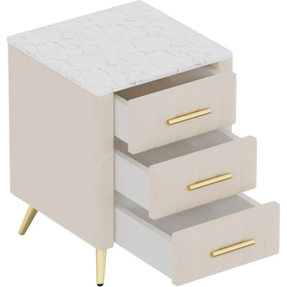 Nightstand with Drawers Set of 2, Upholstered Wood with Marbling Top