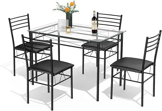 Kitchen Table and 4 Chairs Set with Metal Frame & Padded Seat