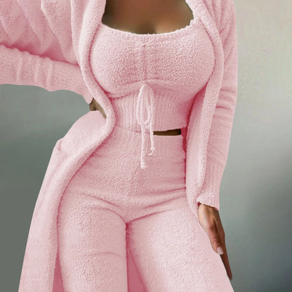 Women'S Fleece 3 Pc Loungewear, Spaghetti Strap Crop Tank, Wide Long Pants, Fuzzy Kimono ,
