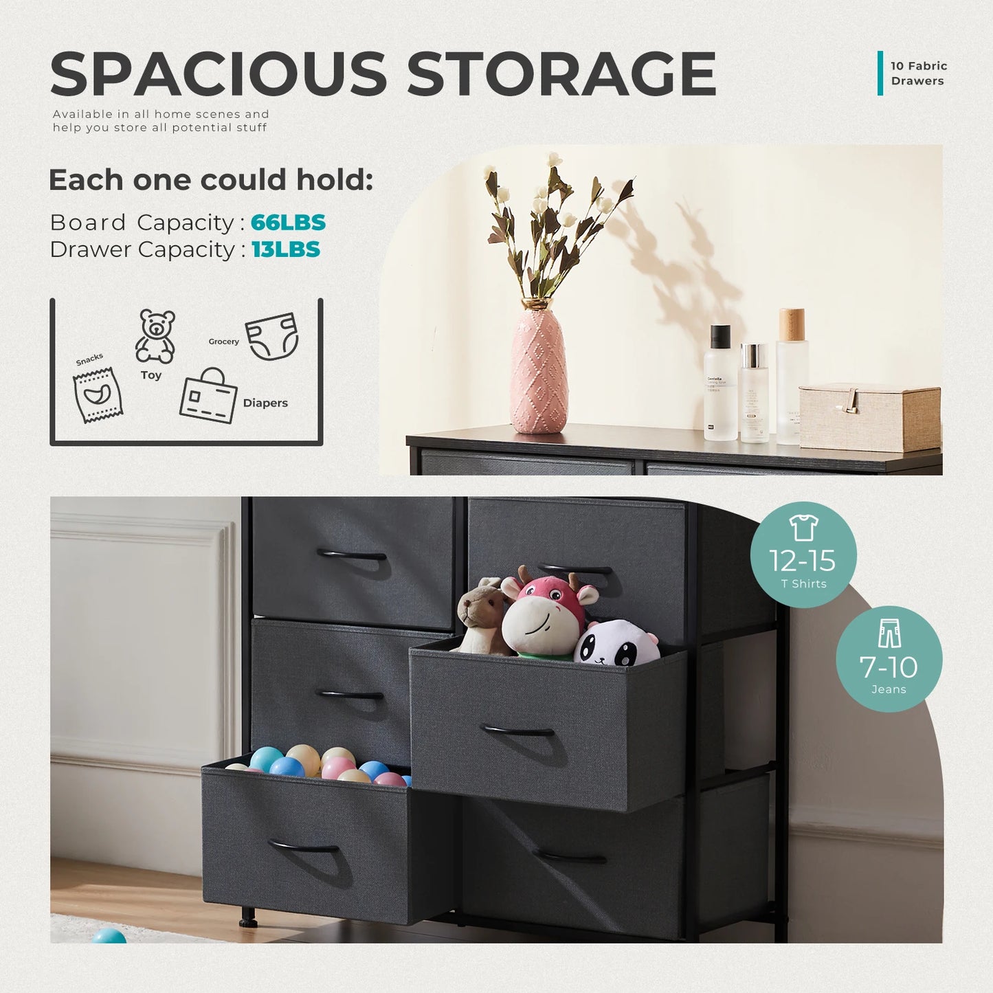 Bedside Table With 10 Fabric Drawers, Steel Frame