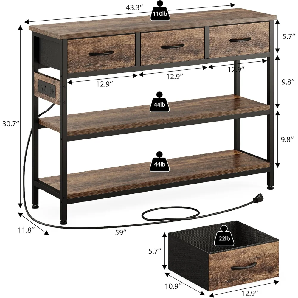Entryway Table with Power Outlets and 3 Fabric Drawers