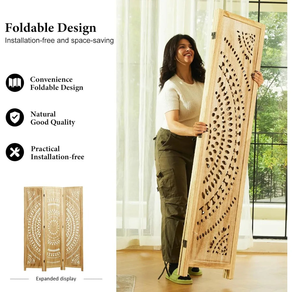 Wood Carved Wall Divider Folding Portable Partition Screen