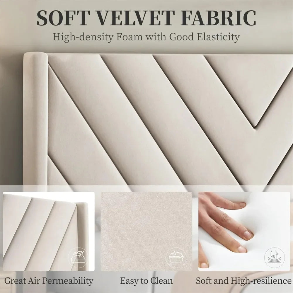 Upholstered Platform Bed with Wing Side/Wooden Slat Support/Tufted Headboard