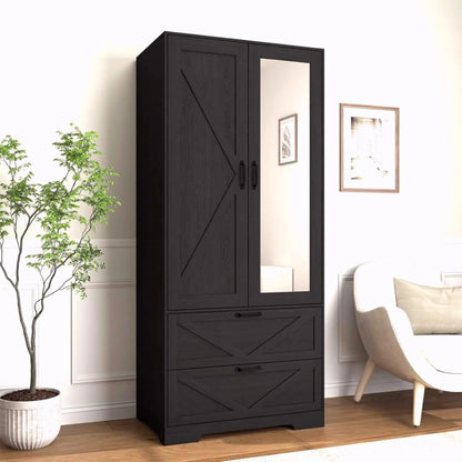 72''H Armoire Wardrobe Cabinet with Mirror and 2 Drawers,  Hanging Rod and Light