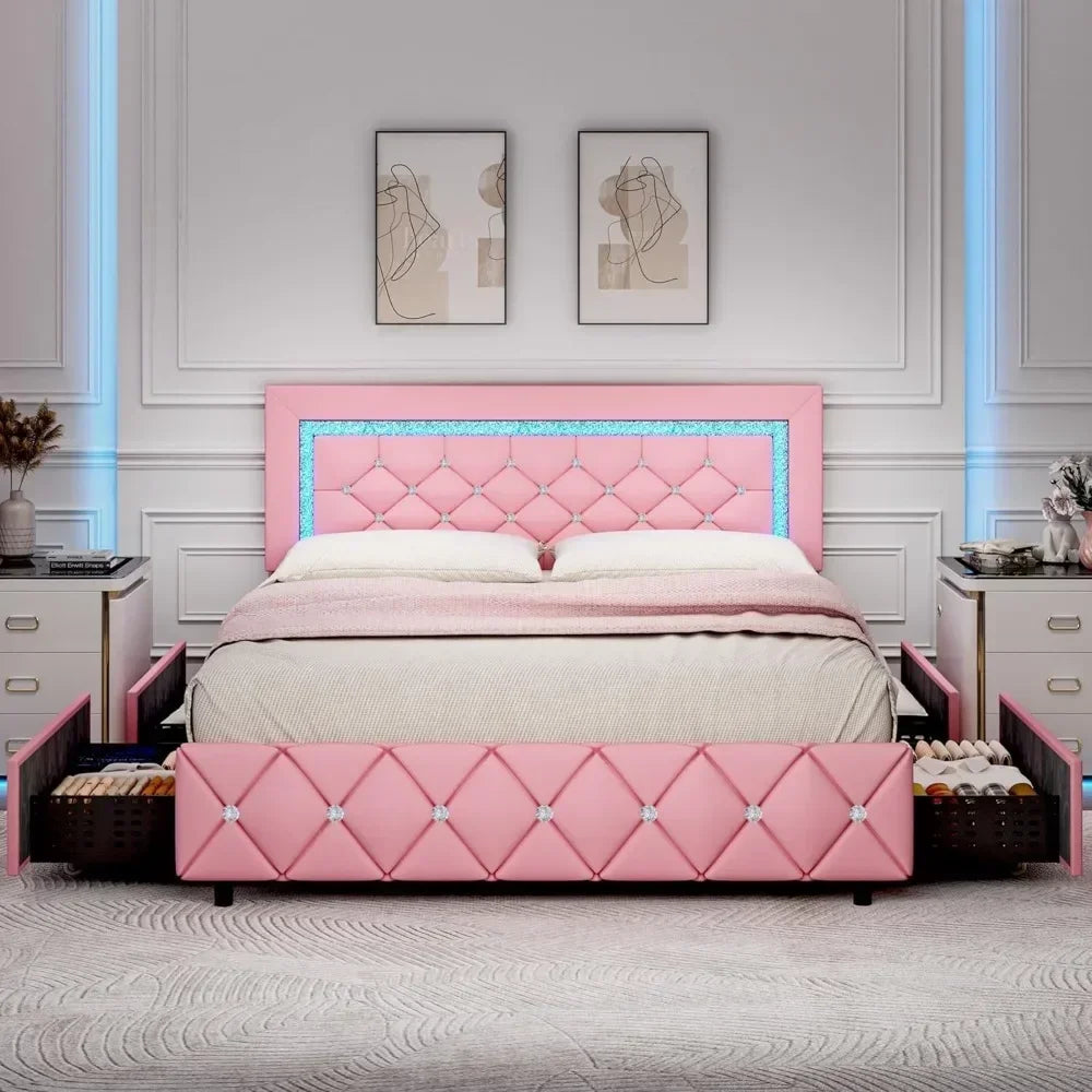 Platform Bed with Diamond Headboard and Footboard with LED, Storage Drawers