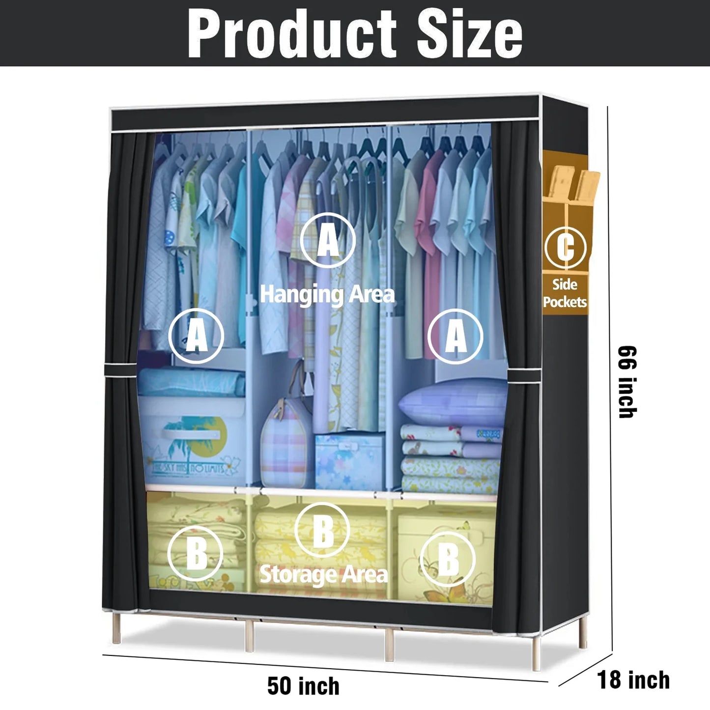 Closet Wardrobe Organizer Storage Rack, Portable, Dustproof, Non-woven Fabric Quick and Easy to Assemble