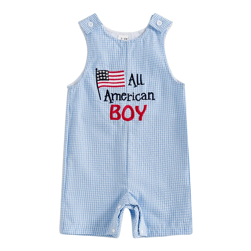 0-24 mo. Baby Boy 4th of July Romper, Star Letter Striped Sleeveless Overall Bodysuit
