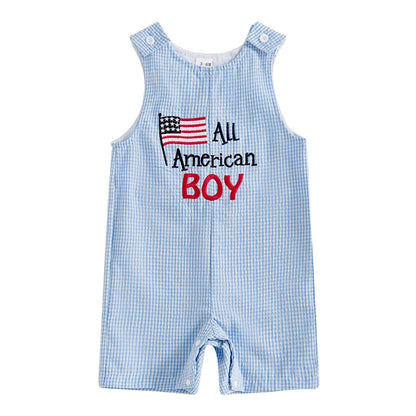 0-24 mo. Baby Boy 4th of July Romper, Star Letter Striped Sleeveless Overall Bodysuit