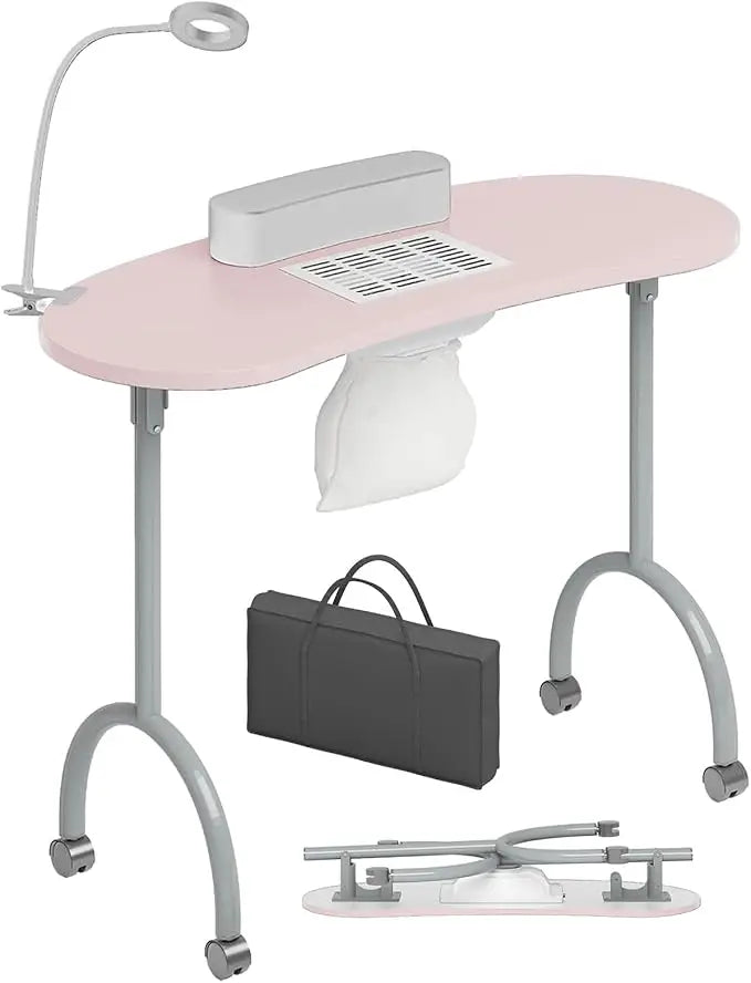 Foldable Manicure Table with Dust Collector Fan, LED Lamp, 4 Lockable Wheels and Carry Bag