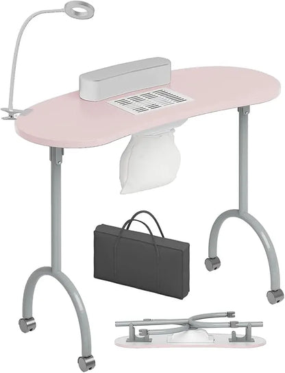 Foldable Manicure Table with Dust Collector Fan, LED Lamp, 4 Lockable Wheels and Carry Bag