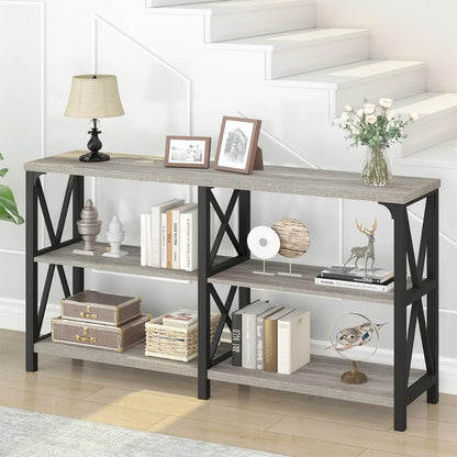 Modern Rustic 3 Tier Industrial Metal Wood Entry Table with Storage Shelves,